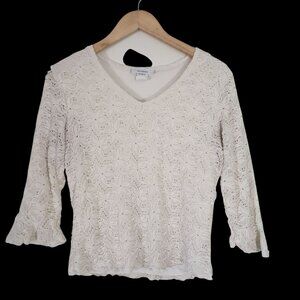 Dressbarn White V Neck Beaded Blouse Size L Vintage Y2K 90s‎ Fairy Grunge Boho